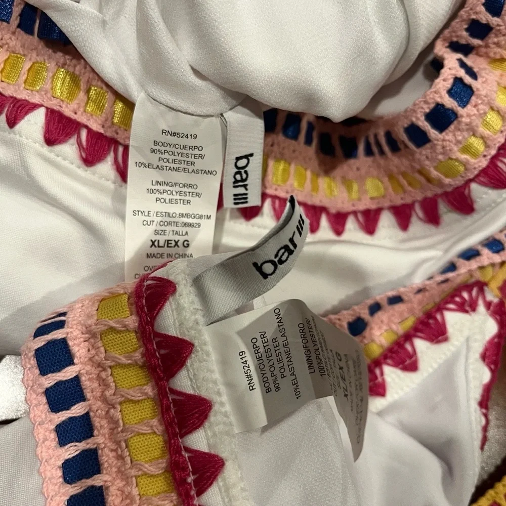 New NWT Bar III Crochet White Bikini Swim Two Piece Set One-Shoulder Multi Sz XL